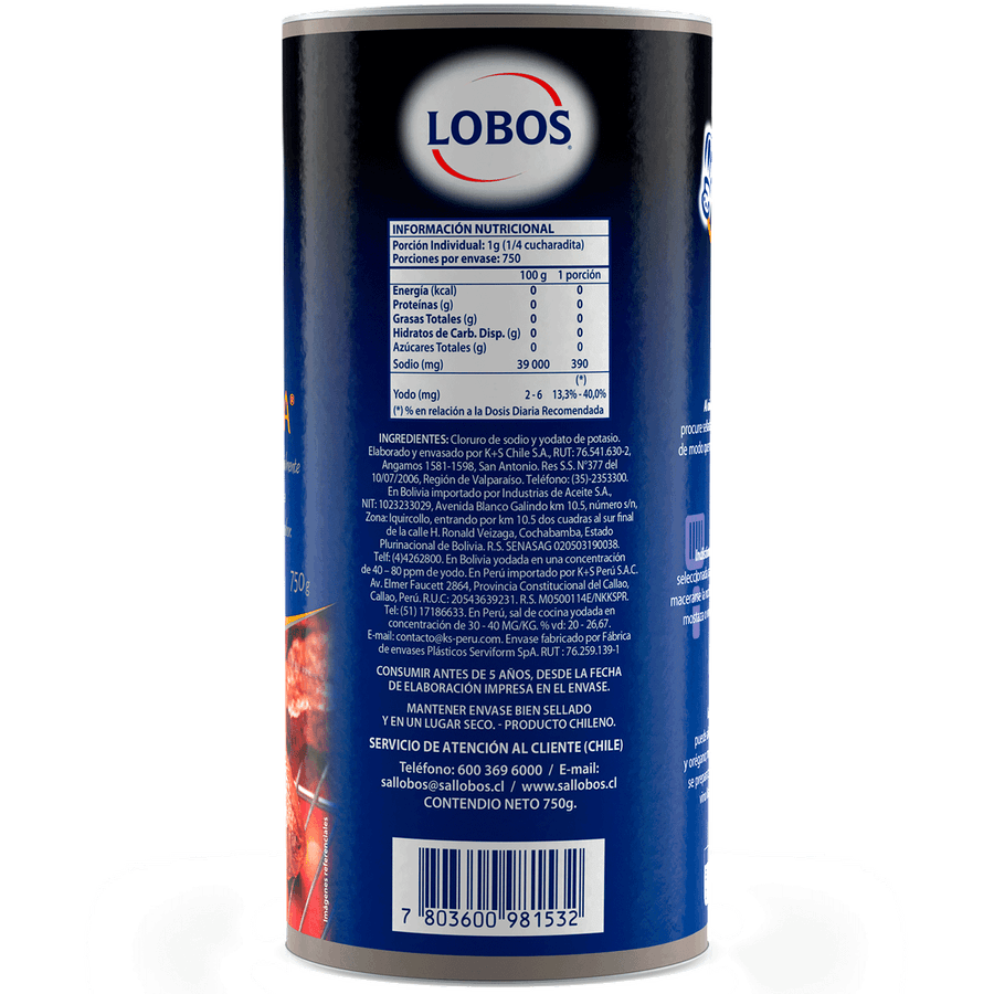 Sal Parrillera Lobos Yodada Frasco 750 g SAL PARRILLERA LOBOS YODADA FRASCO 750GR
